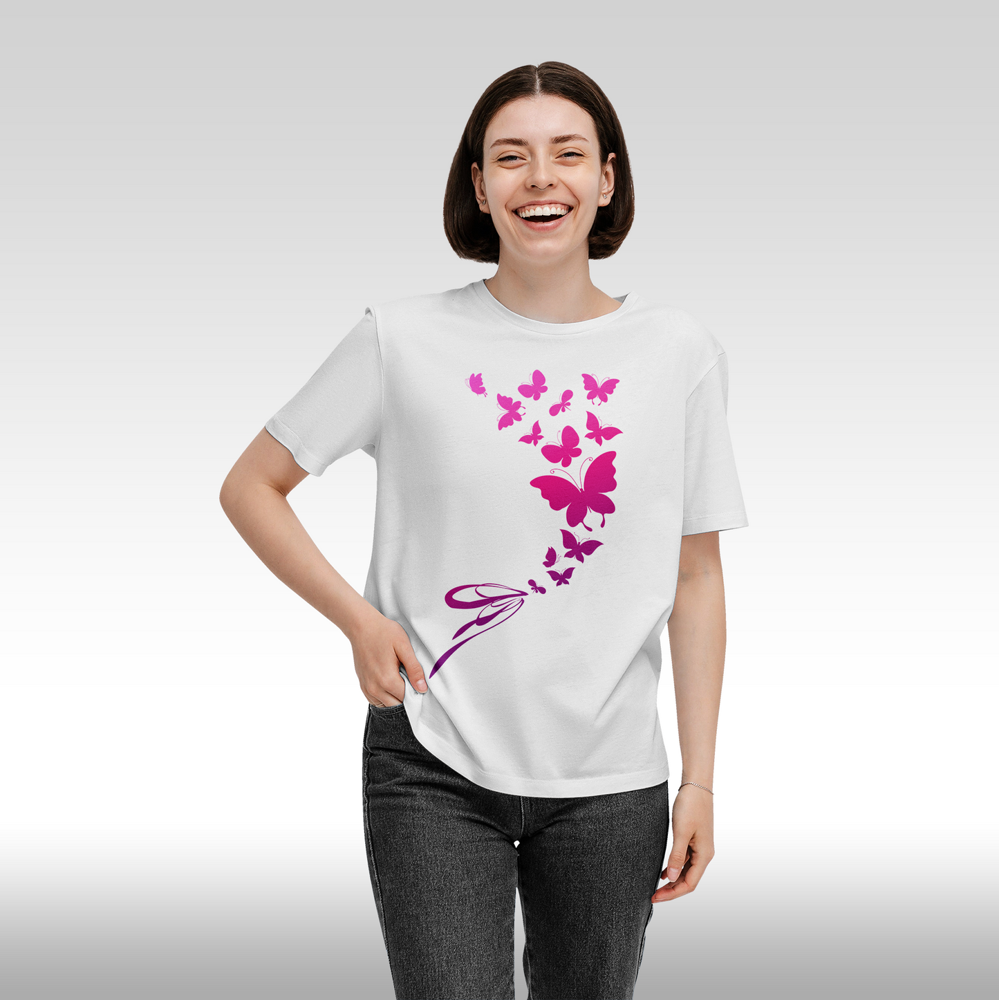 Tricou alb personalizat bumbac Fata Dama  fluturi "Pink Butterflies" streetwear
