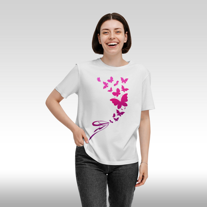 Tricou alb personalizat bumbac Fata Dama  fluturi "Pink Butterflies" streetwear

