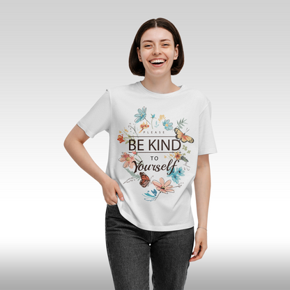 Tricou alb personalizat bumbac Fata Dama flori "Please Be Kind to Yourself" streetwear
