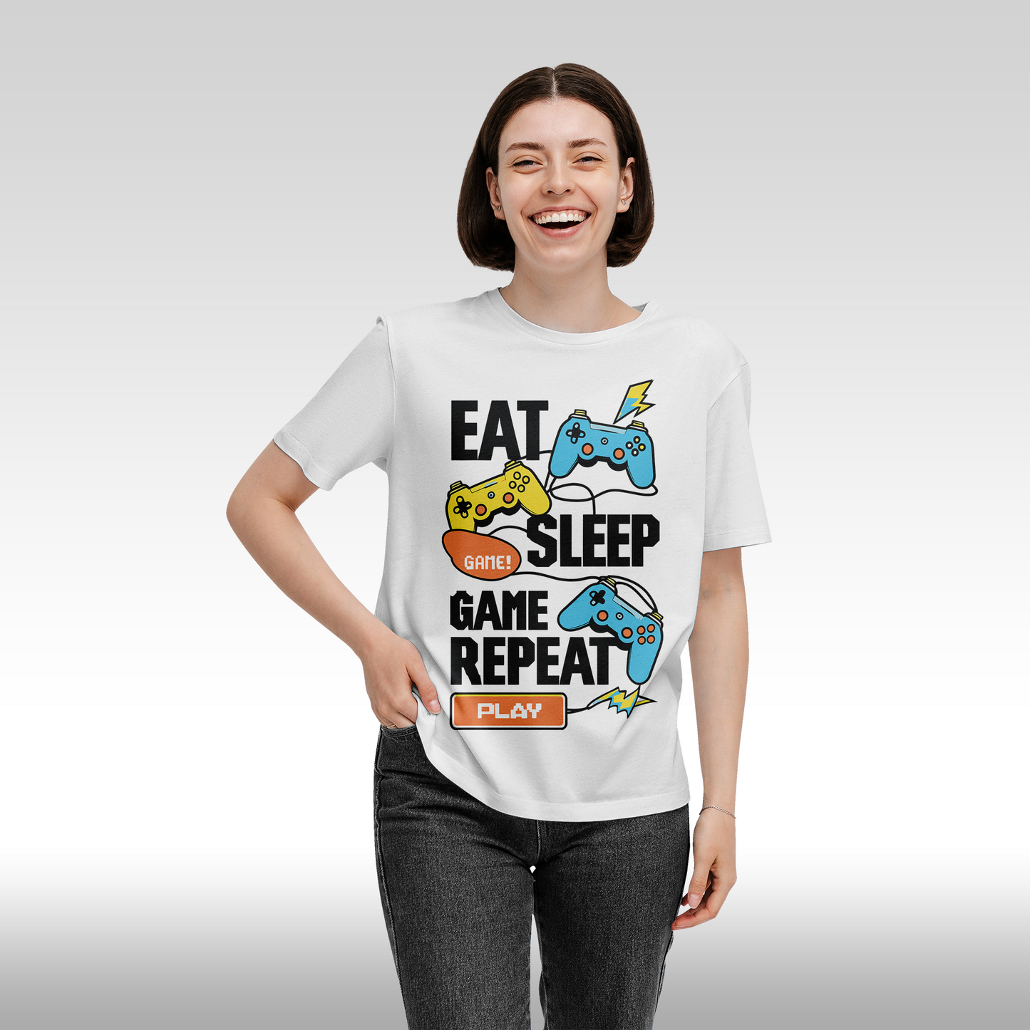 Tricou alb personalizat bumbac Fata Dama gaming "Eat, Sleep, Game, Repeat" streetwear
