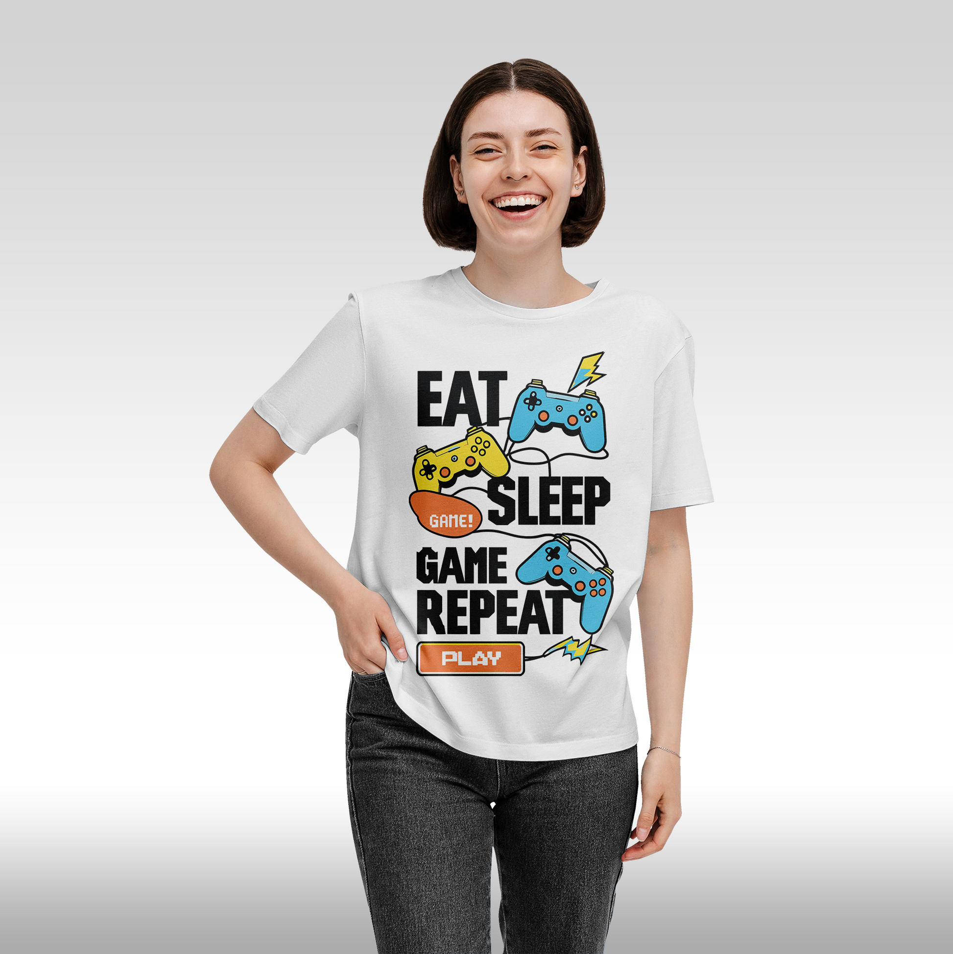 Tricou alb personalizat bumbac Fata Dama gaming "Eat, Sleep, Game, Repeat" streetwear
