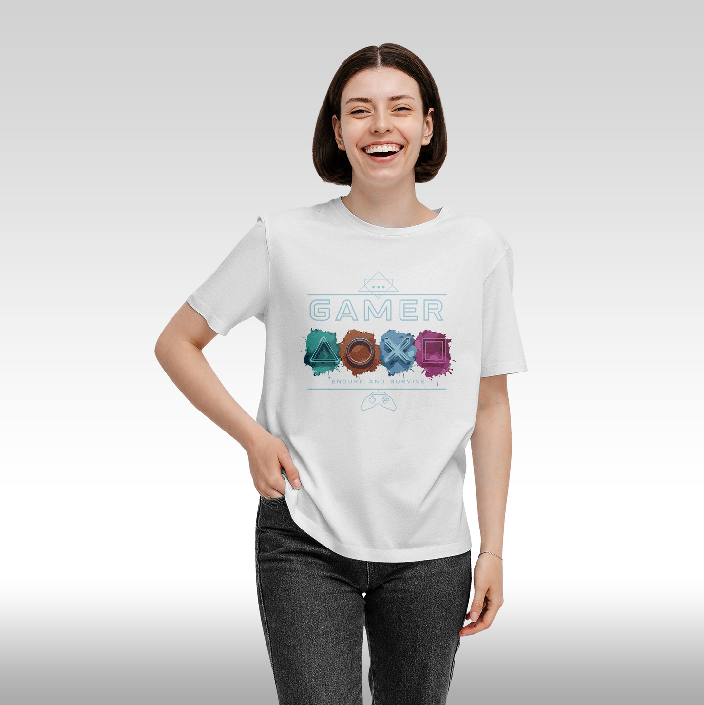 Tricou alb personalizat bumbac Fata dama gaming "Gamer Endure and Survive" streetwear
