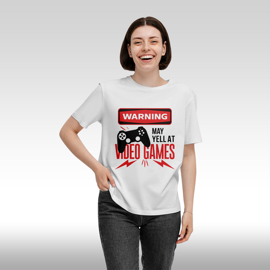 Tricou alb personalizat bumbac Fata Dama gaming "Yell at Video Games" streetwear
