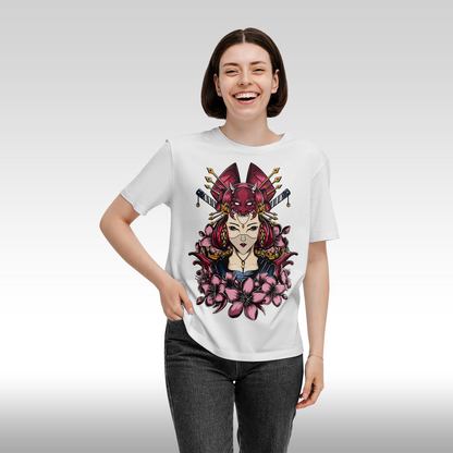 Tricou alb personalizat bumbac Fata Dama geisha "Kunoichi Bloom" streetwear
