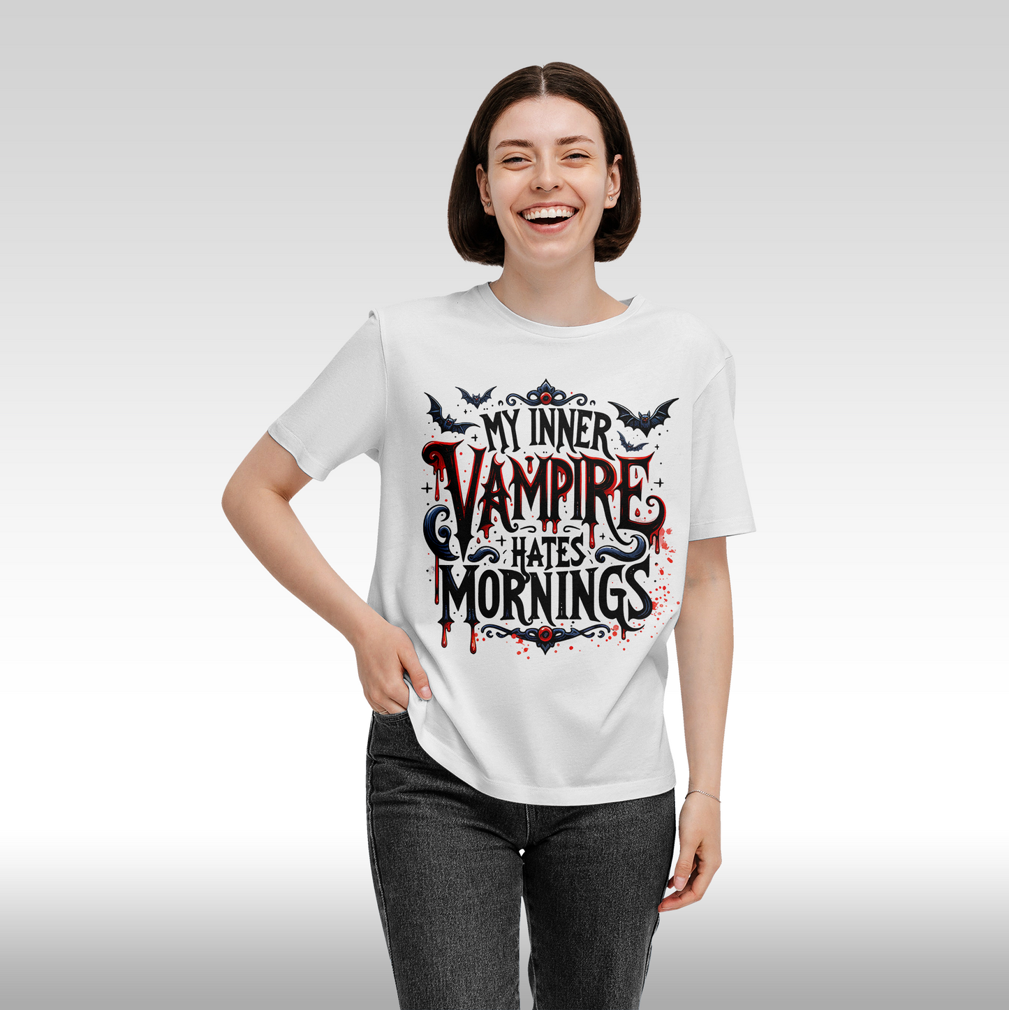 Tricou alb personalizat bumbac Fata Dama halloween "My Inner Vampire Hates Mornings" streetwear
