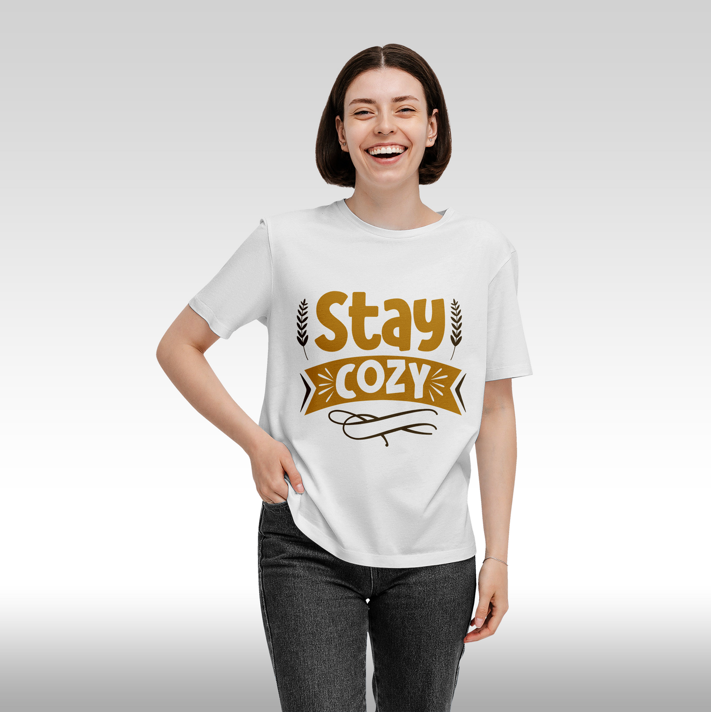 Tricou alb personalizat bumbac Fata Dama mesaj "Stay Cozy" streetwear
