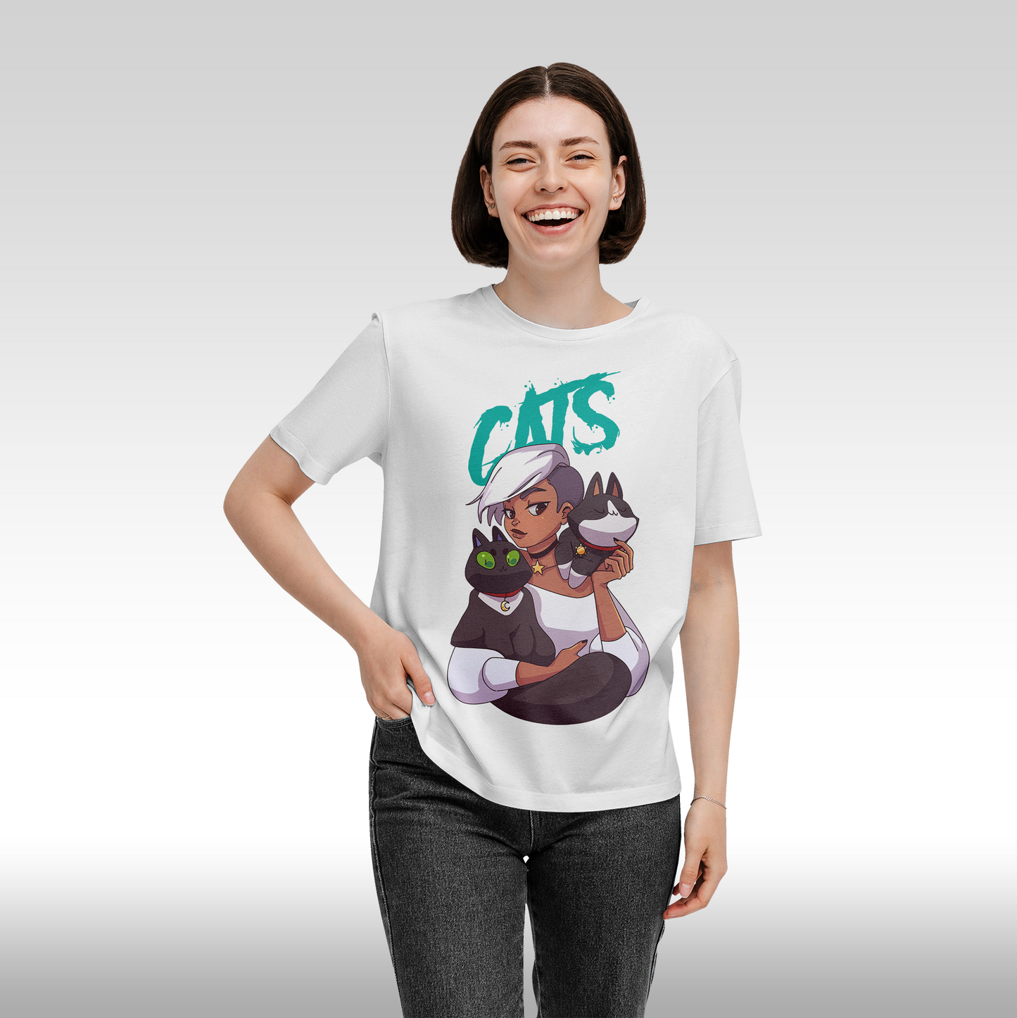 Tricou alb personalizat bumbac Fata Dama pisici "Cats Love" streetwear
