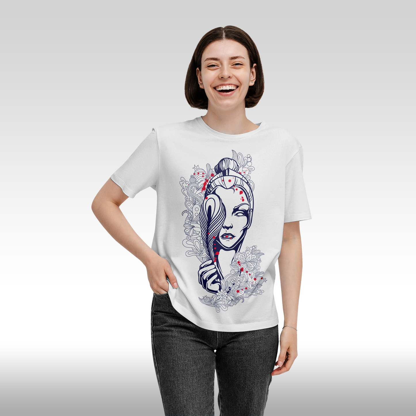 Tricou alb personalizat bumbac Fata Dama portret "Mystic Bloom" streetwear
