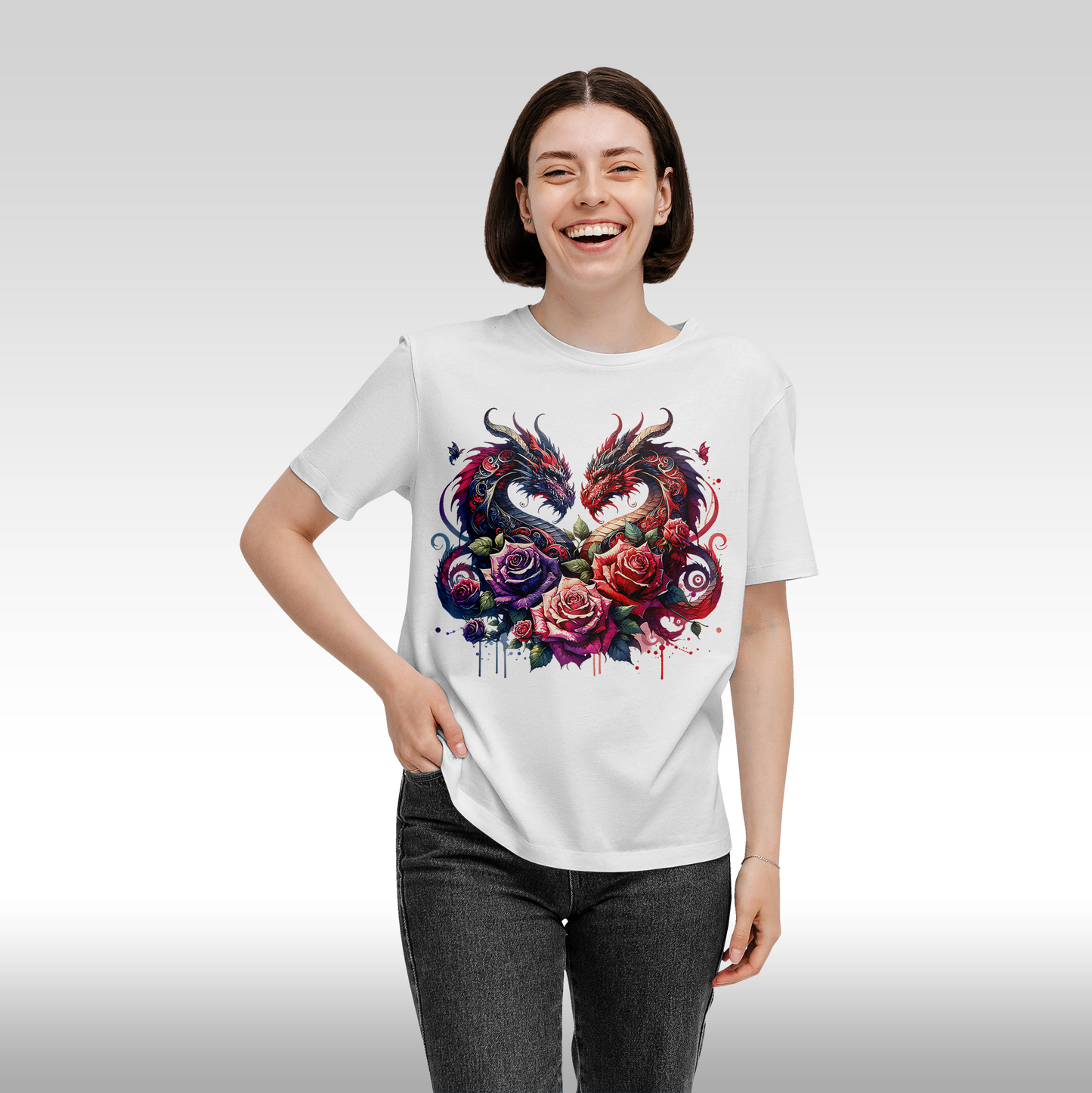 Tricou alb personalizat bumbac Fata Dama trandafiri "Dragon Rose" streetwear
