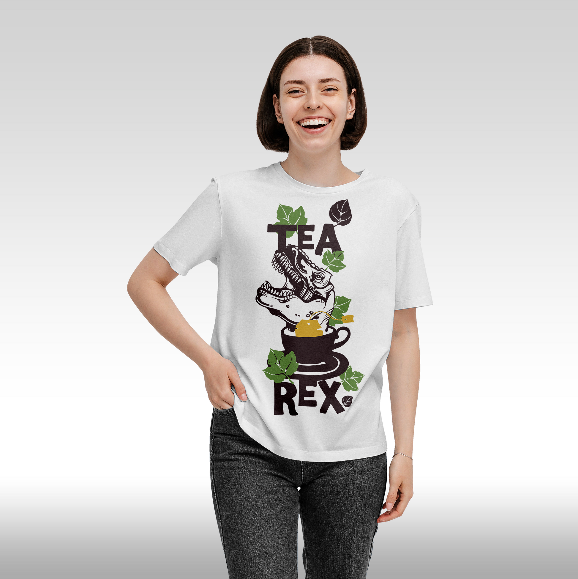 Tricou alb personalizat bumbac Fata Dama urban "Tea Rex" streetwear
