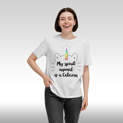 Tricou alb personalizat bumbac Fata Dama unicorn "My Spirit Animal is a Caticorn" streetwear
