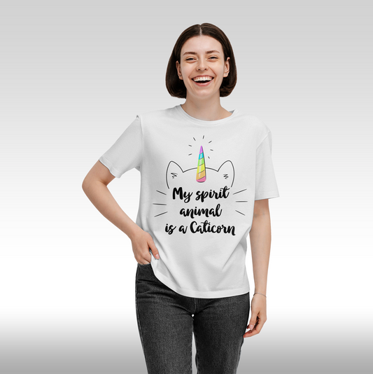Tricou alb personalizat bumbac Fata Dama unicorn "My Spirit Animal is a Caticorn" streetwear
