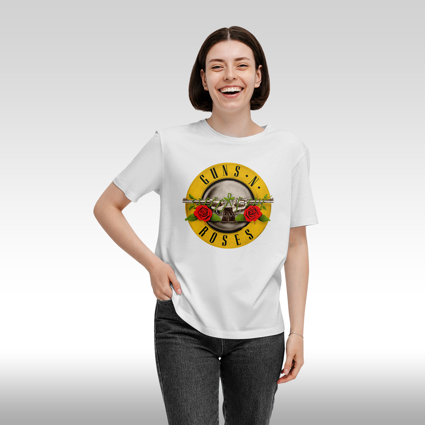 Tricou alb personalizat bumbac Fata Dama urban "Guns~N~Roses Logo" streetwear
