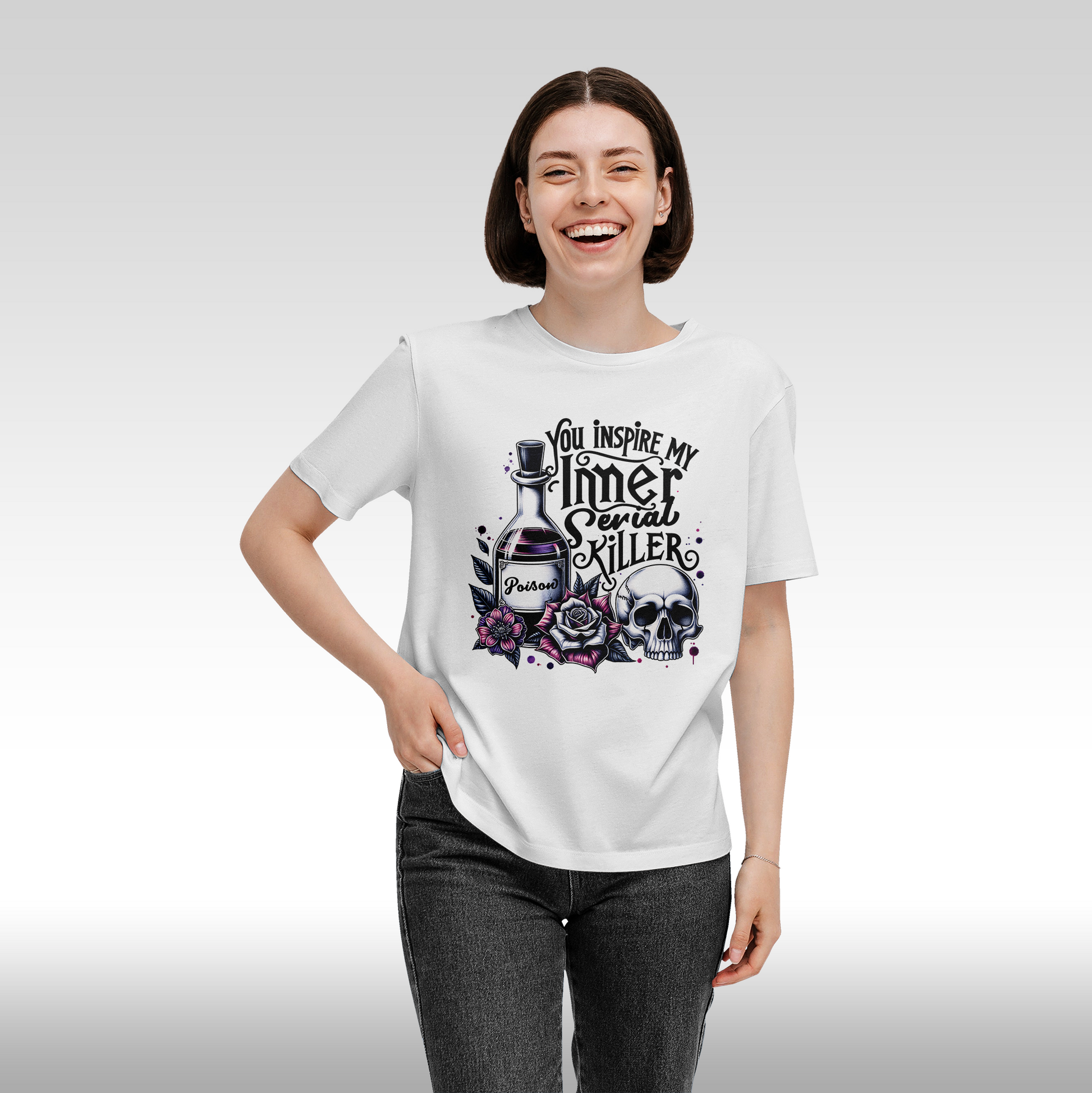 Tricou alb personalizat bumbac Fata Dama amuzant "You Inspire my Inner Serial Killer" streetwear
