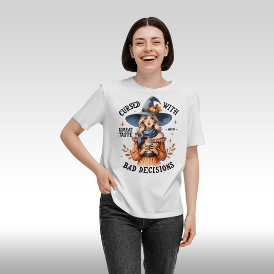 Tricou alb personalizat bumbac Fata Dama witch "Cursed With Bad Decisions" streetwear
