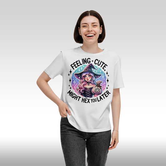 Tricou alb personalizat bumbac Fata Dama witch "Feeling Cute Might Hex You Later" streetwear
