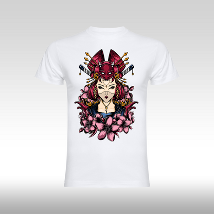 Tricou alb personalizat bumbac Fata Dama geisha "Kunoichi Bloom" streetwear
