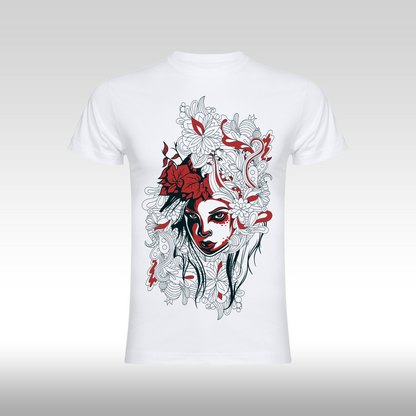 Tricou alb personalizat bumbac Fata Dama portret "Floral Muse" streetwear
