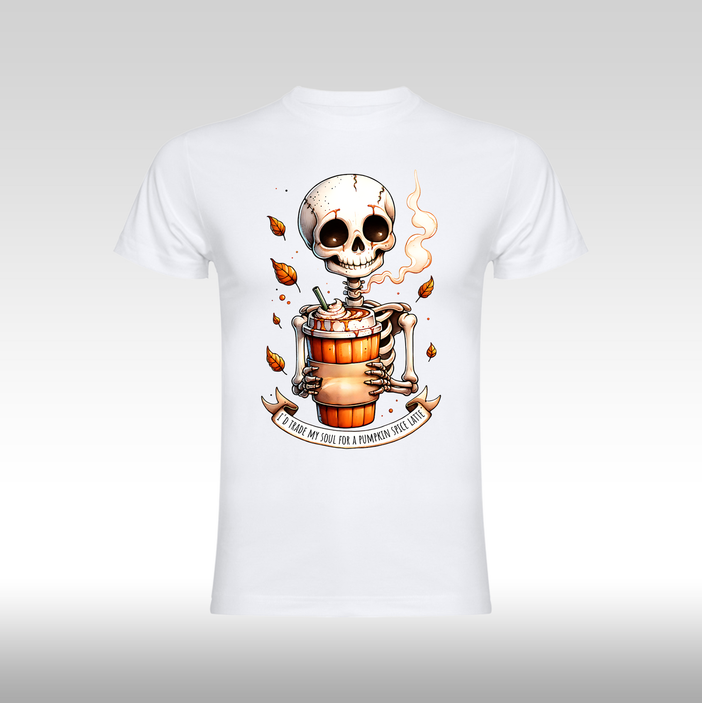 Tricou alb personalizat bumbac Fata Dama schelet "Pumpkin Spice Latte" streetwear
