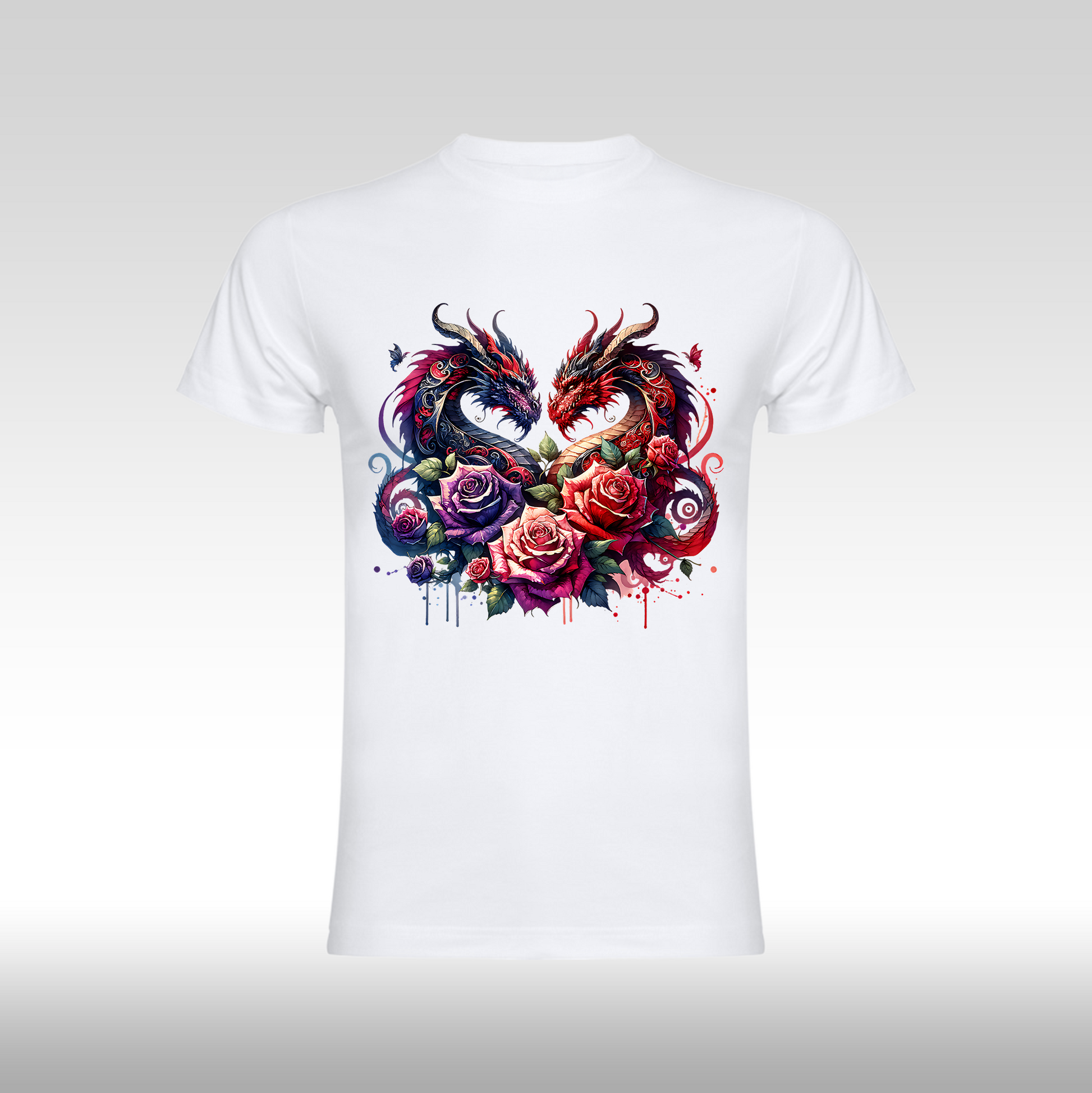 Tricou alb personalizat bumbac Fata Dama trandafiri "Dragon Rose" streetwear
