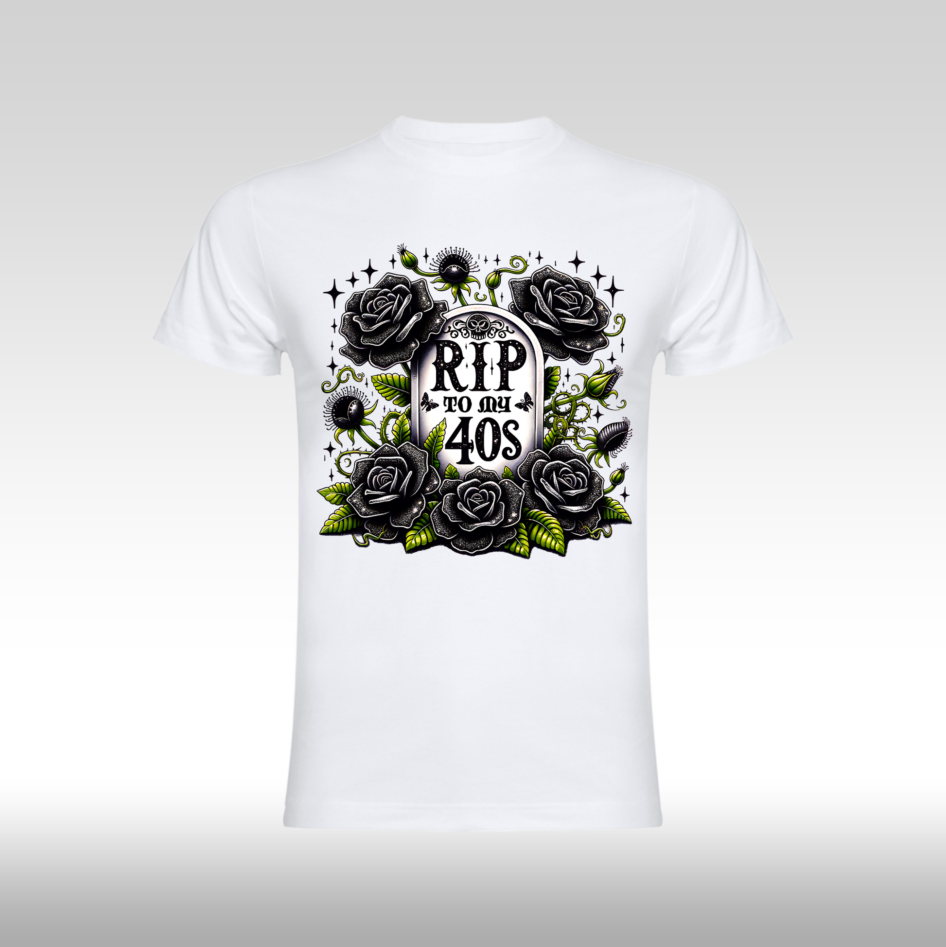 Tricou alb personalizat bumbac Fata Dama trandafiri "R.I.P. To My 40's" streetwear
