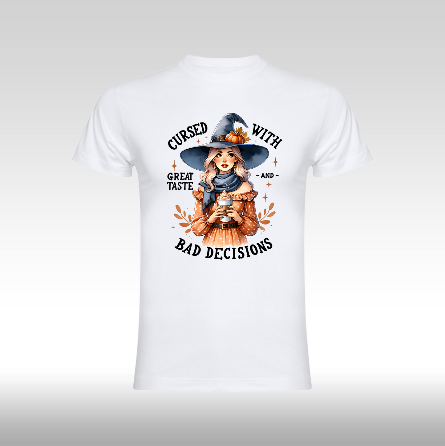 Tricou alb personalizat bumbac Fata Dama witch "Cursed With Bad Decisions" streetwear

