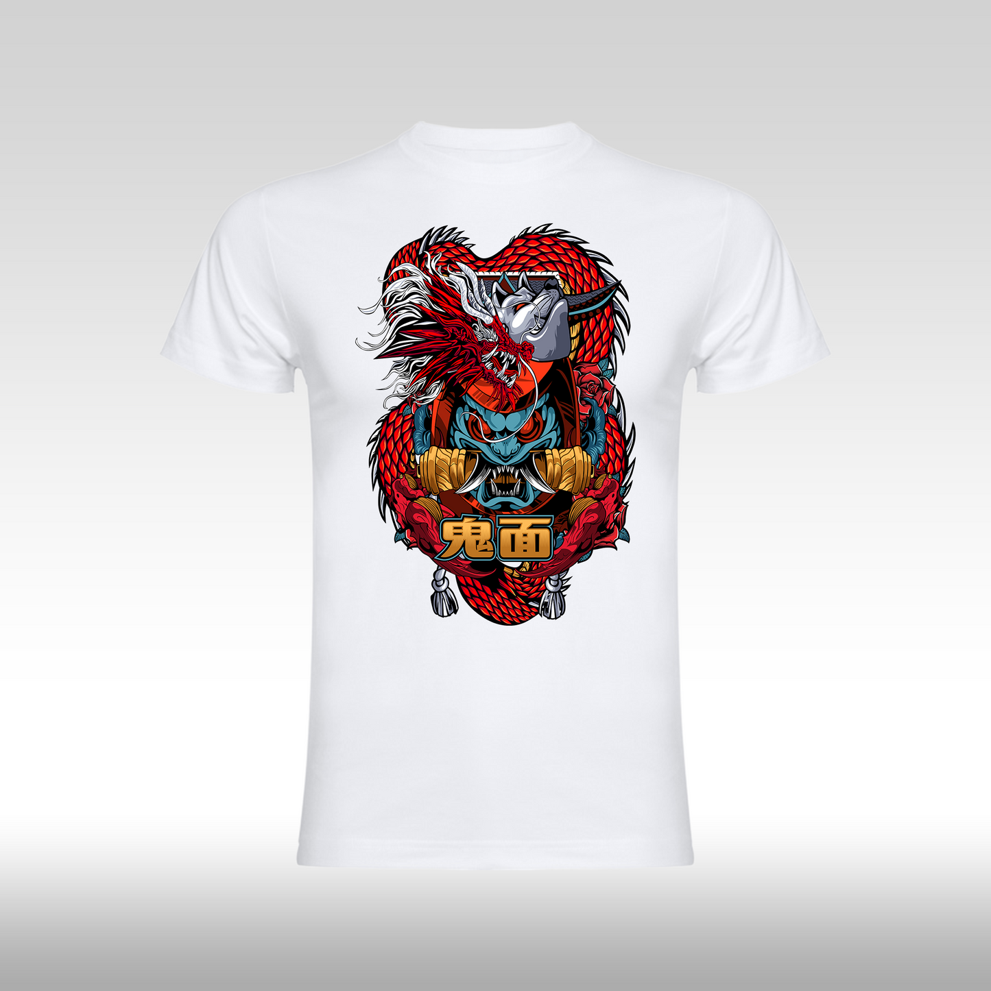 Tricou alb personalizat bumbac anime "Demon Mask" streetwear
