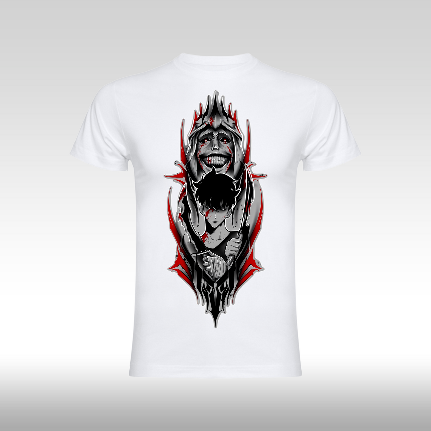 Tricou alb personalizat bumbac anime "Solo Leveling Black" streetwear

