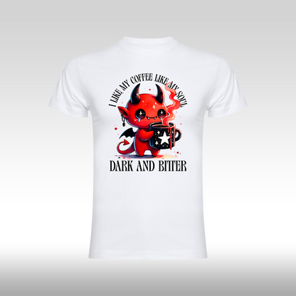 Tricou alb personalizat bumbac amuzant "I Like my Coffee Like my Soul Dark and Bitter" streetwear
