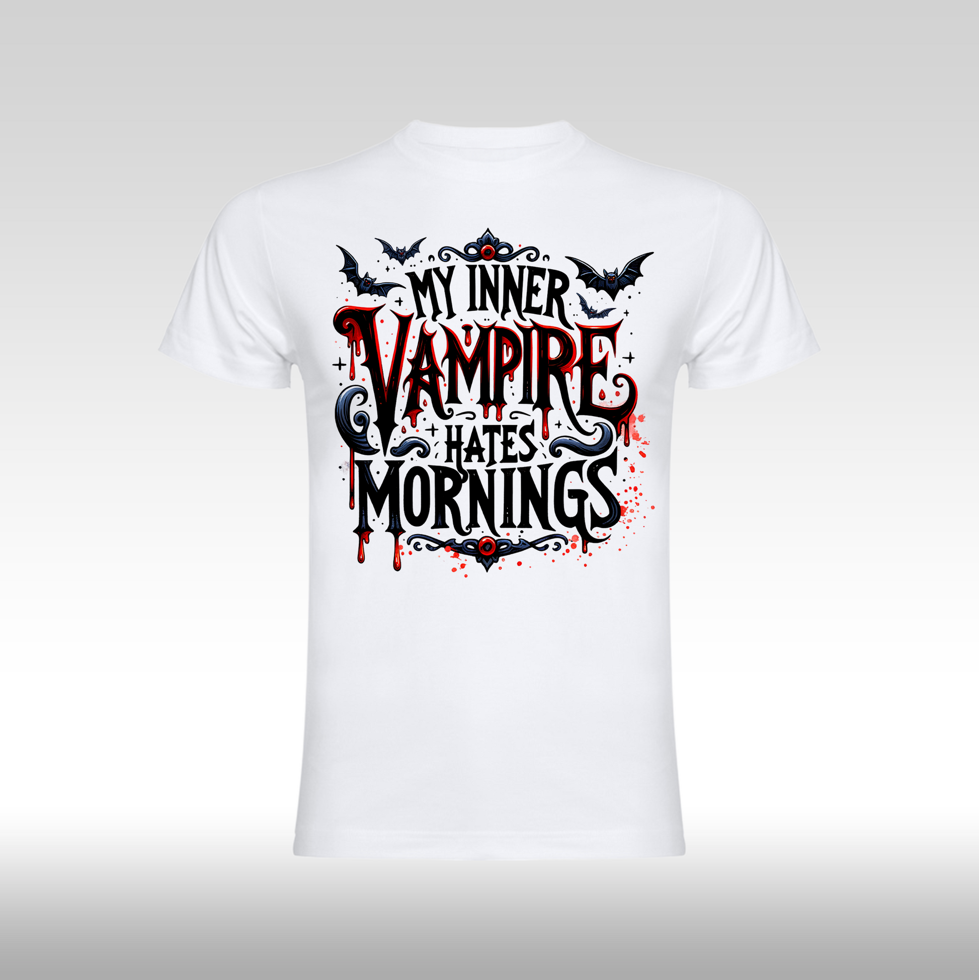 Tricou alb personalizat bumbac halloween "My Inner Vampire Hates Mornings" streetwear
