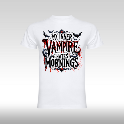 Tricou alb personalizat bumbac halloween "My Inner Vampire Hates Mornings" streetwear
