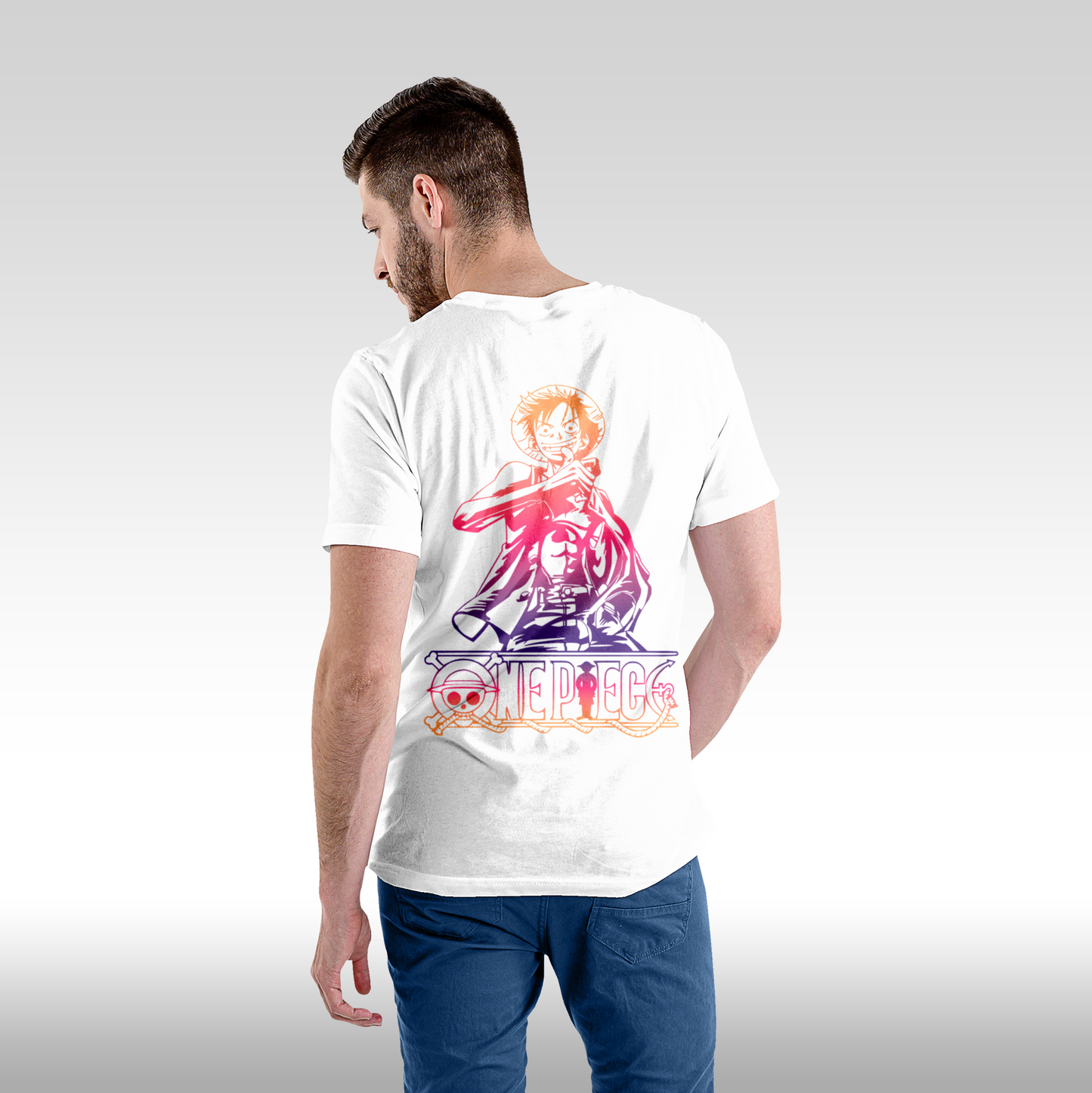 Tricou alb personalizat bumbac spate barbat anime "Monkey D Luffy" streetwear
