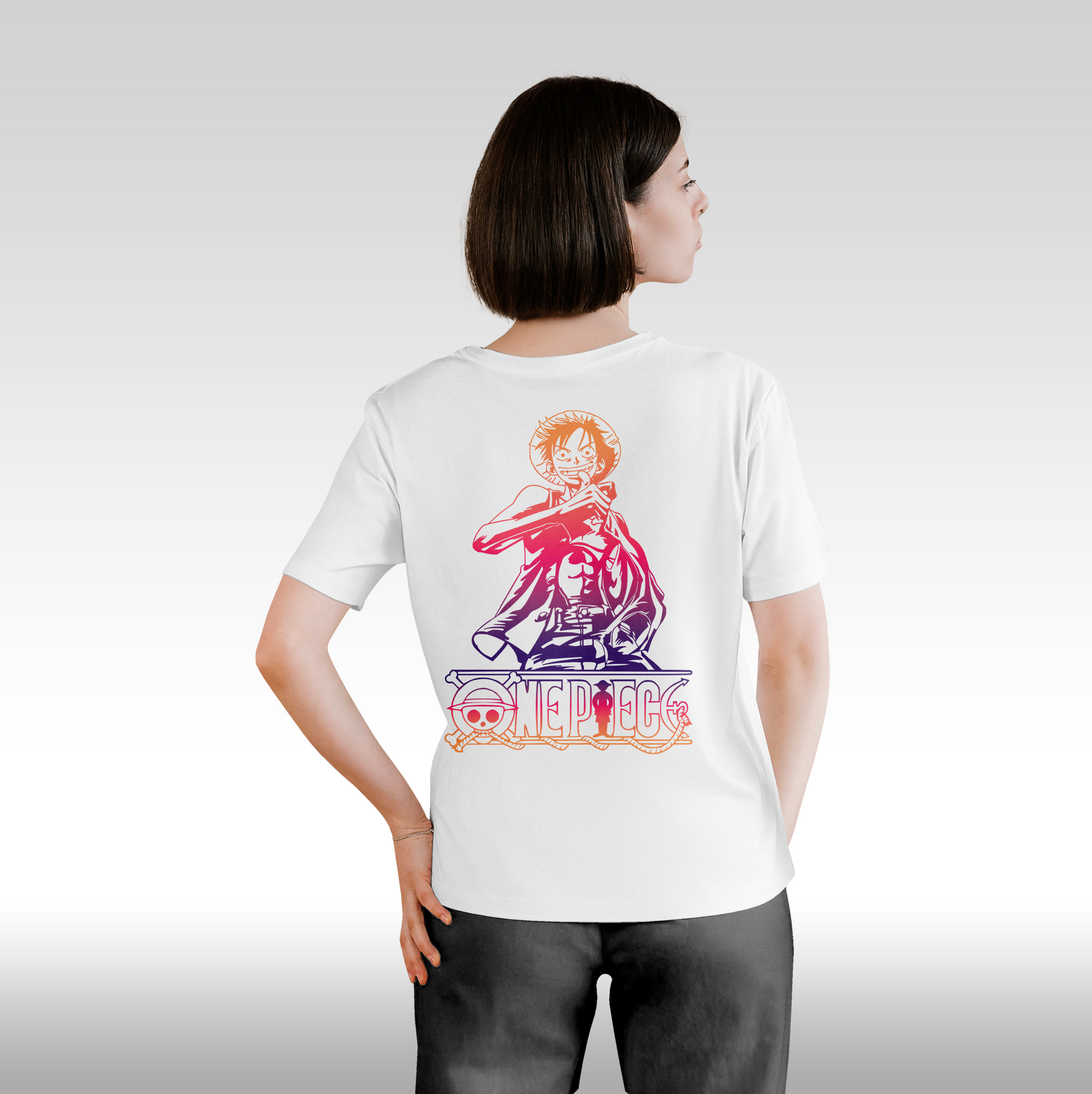 Tricou alb personalizat bumbac spate Dama anime "Monkey D Luffy" streetwear
