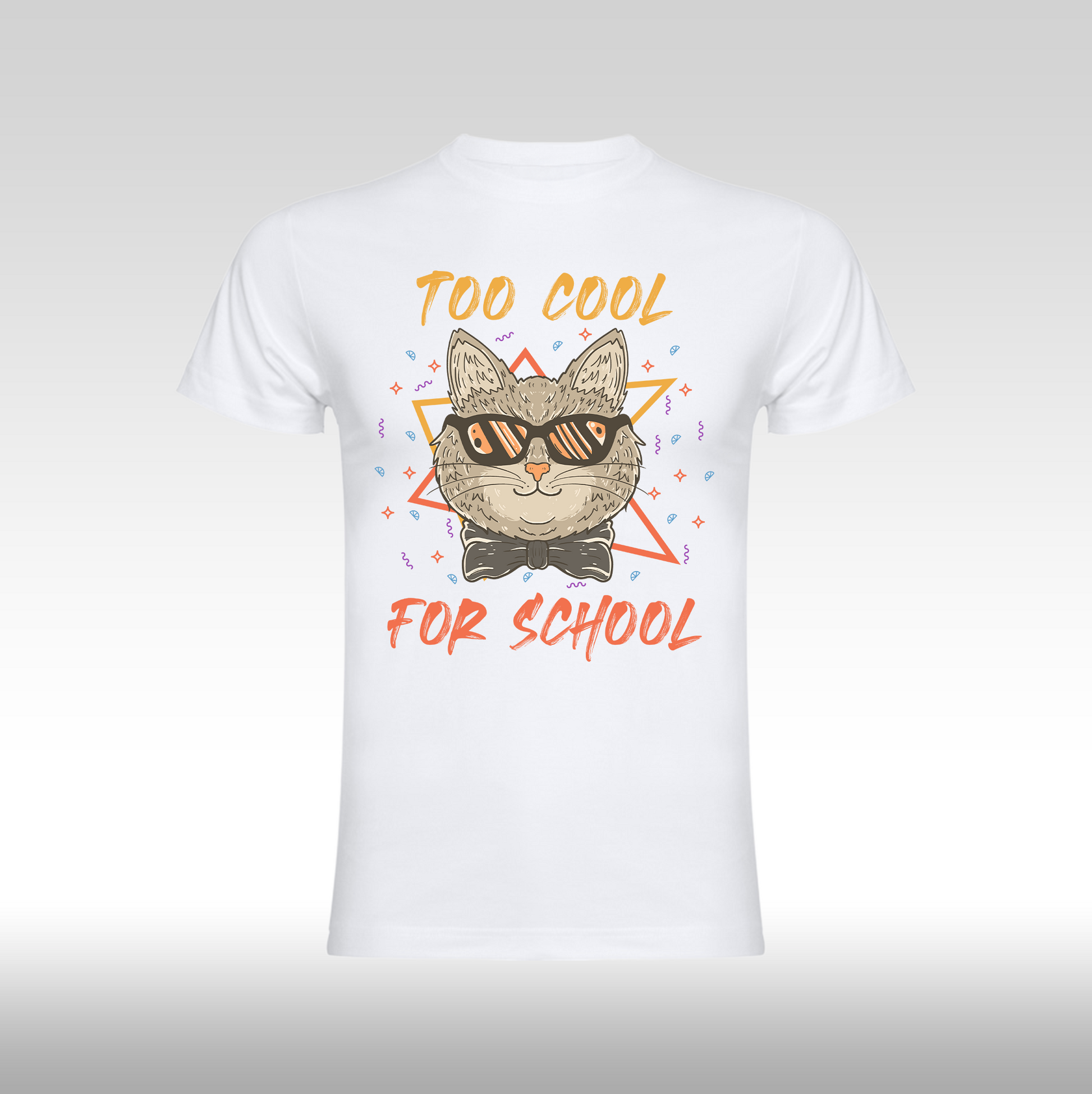 Tricou alb personalizat bumbac urban "Too Cool For School - pisica" streetwear
