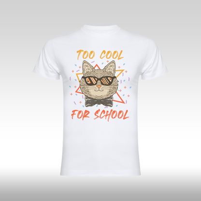 Tricou alb personalizat bumbac urban "Too Cool For School - pisica" streetwear
