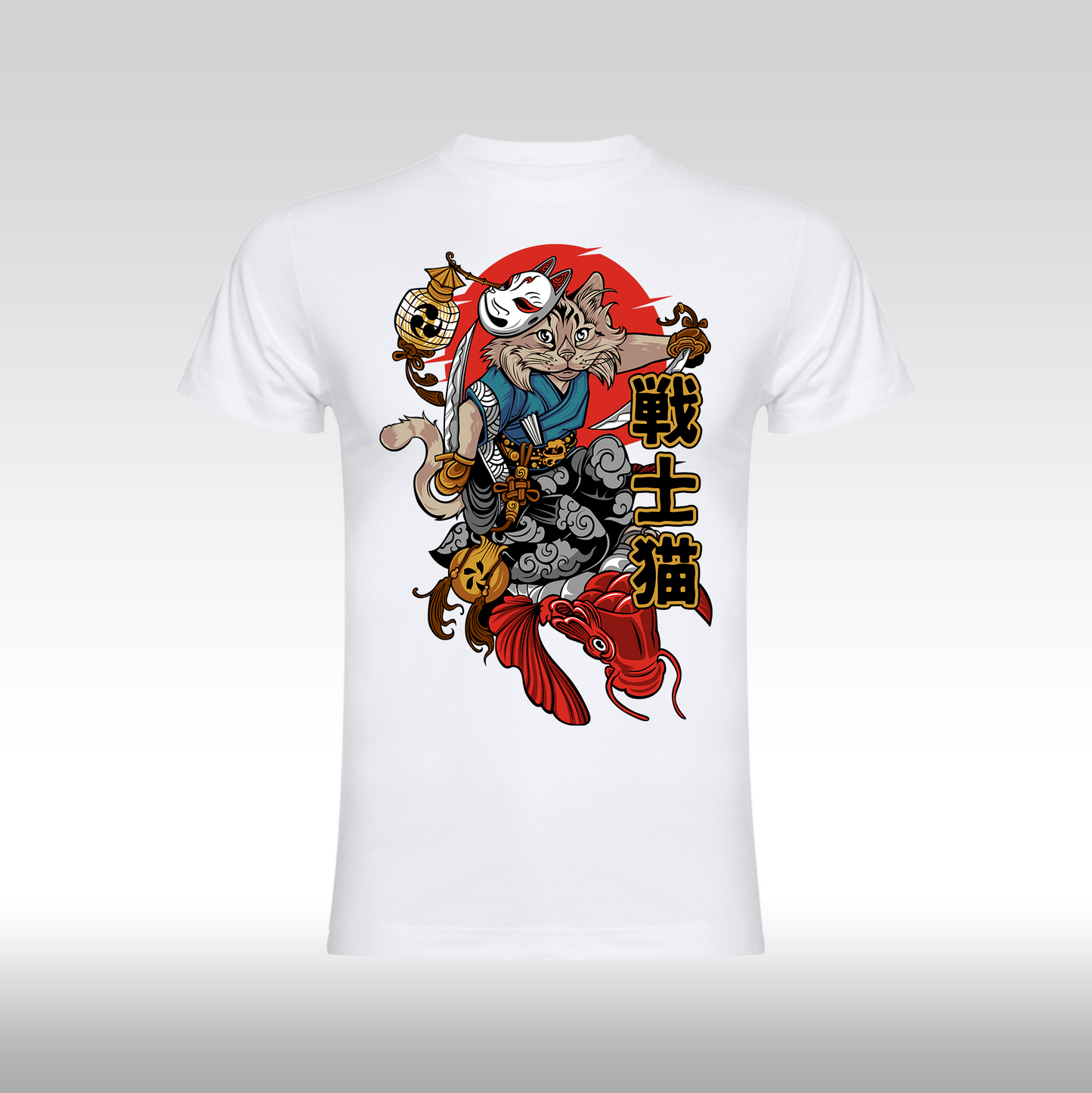 Tricou alb personalizat bumbac anime "Ninja Cat" streetwear
