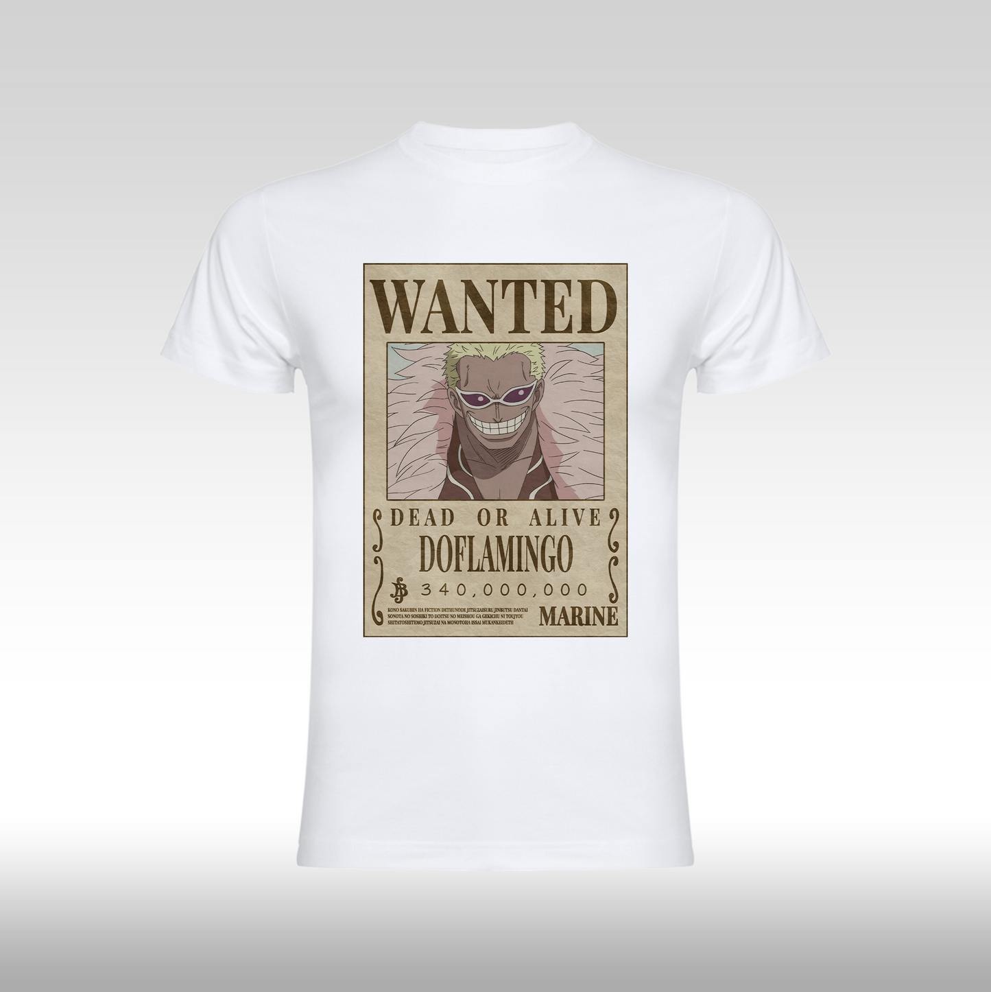 Tricou alb personalizat bumbac Fata anime "WANTED : Doflamingo" streetwear
