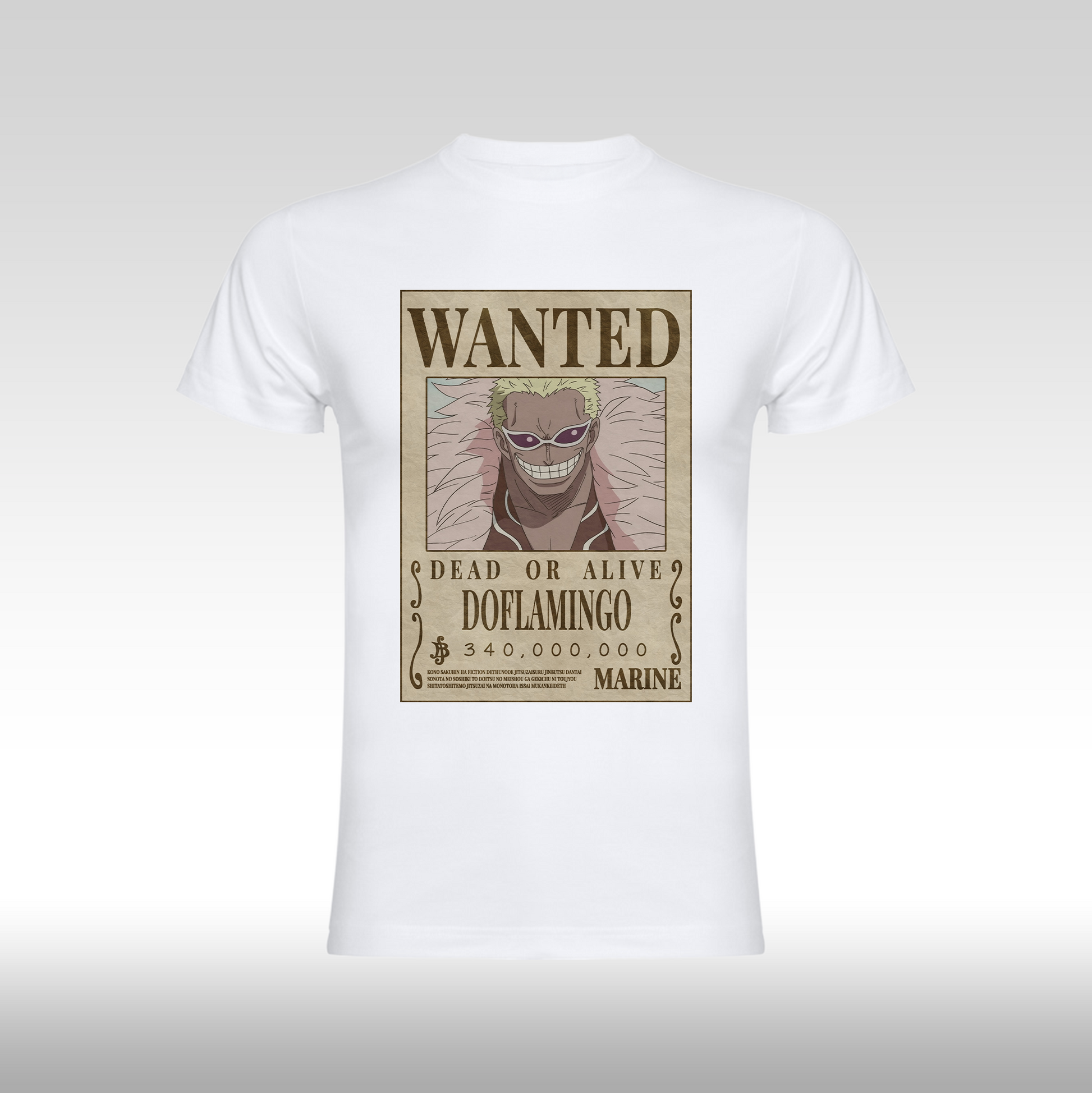 Tricou alb personalizat bumbac Fata anime "WANTED : Doflamingo" streetwear
