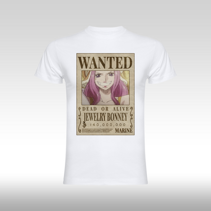 Tricou alb personalizat bumbac Fata anime "WANTED : Jewelry Bonney" streetwear
