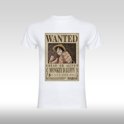 Tricou alb personalizat bumbac Fata anime "WANTED : Monkey D Luffy" streetwear
