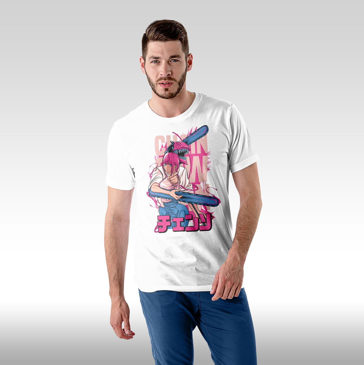Tricou alb personalizat bumbac Fata Barbat anime "Chainsaw Man" streetwear
