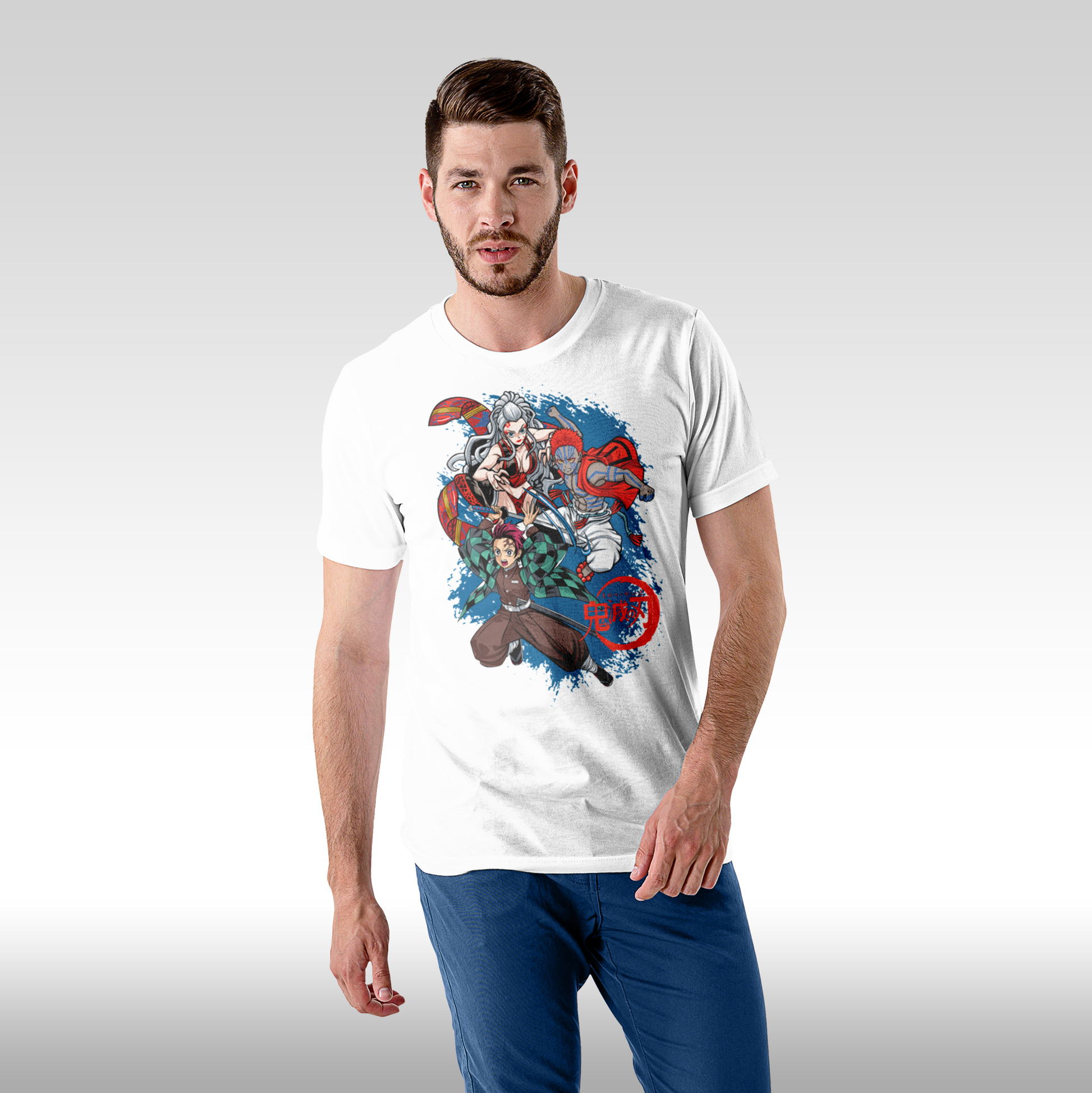 Tricou alb personalizat bumbac Fata Barbat anime "Demon Slayer: Tanjiro, Akaza, Daki" streetwear
