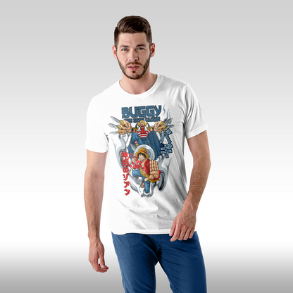 Tricou alb personalizat bumbac Fata Barbat anime "Luffy, Buggy The Star Clown" streetwear
