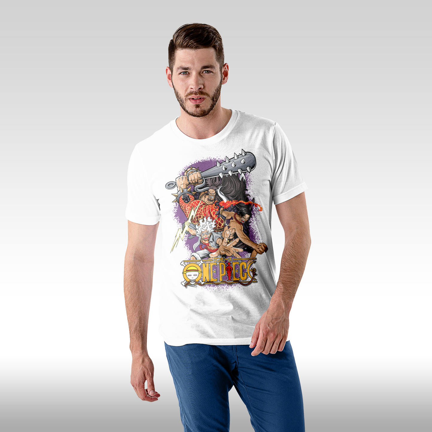 Tricou alb personalizat bumbac Fata Barbat anime "One Piece: Luffy Gear 5" streetwear
