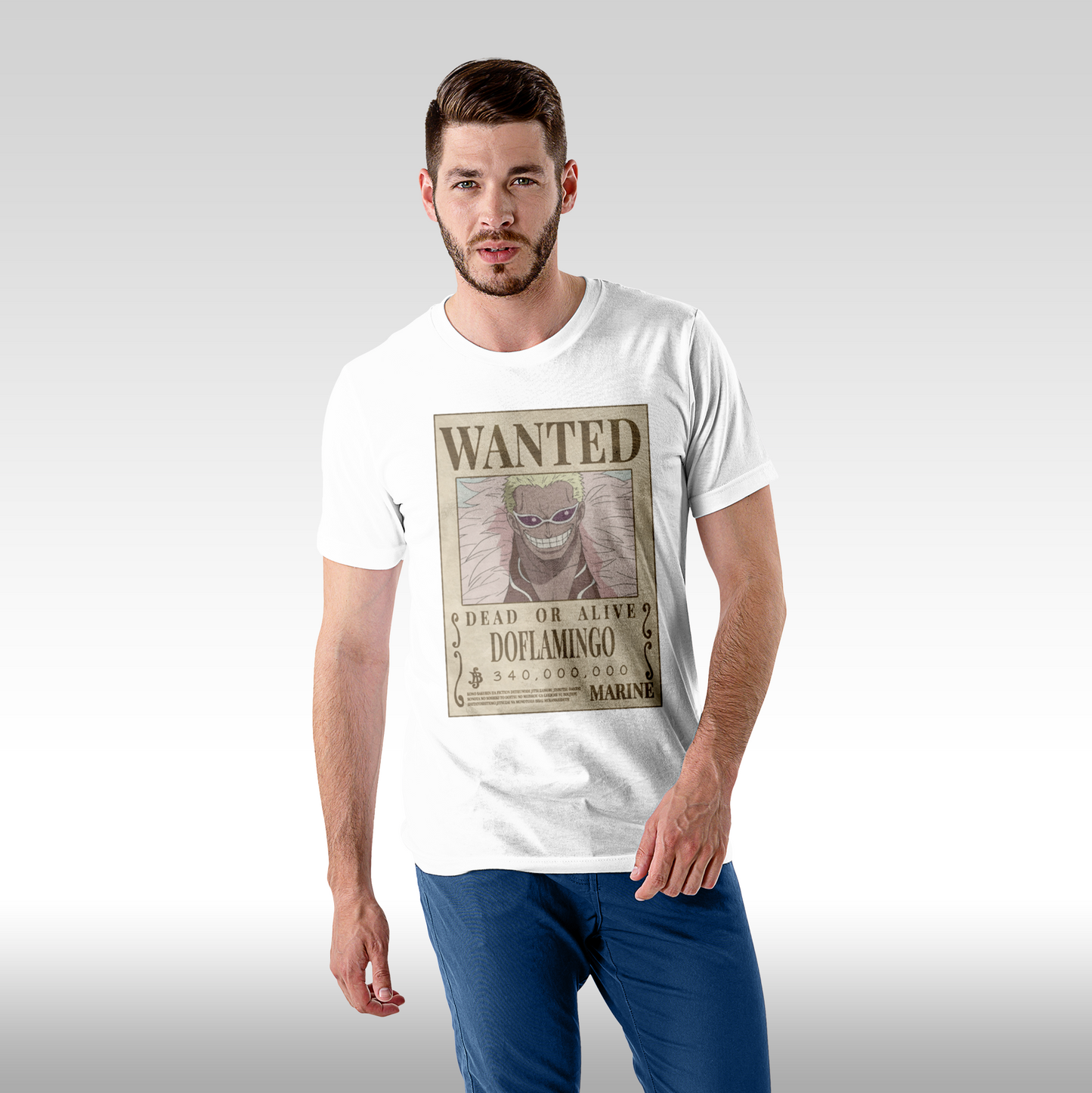 Tricou alb personalizat bumbac Fata Barbat anime "WANTED : Doflamingo" streetwear
