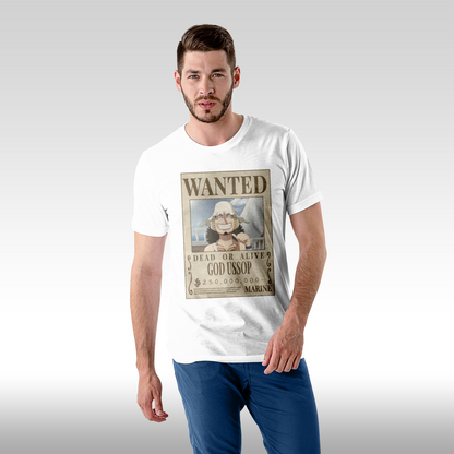 Tricou alb personalizat bumbac Fata Barbat anime "WANTED : God Ussop" streetwear
