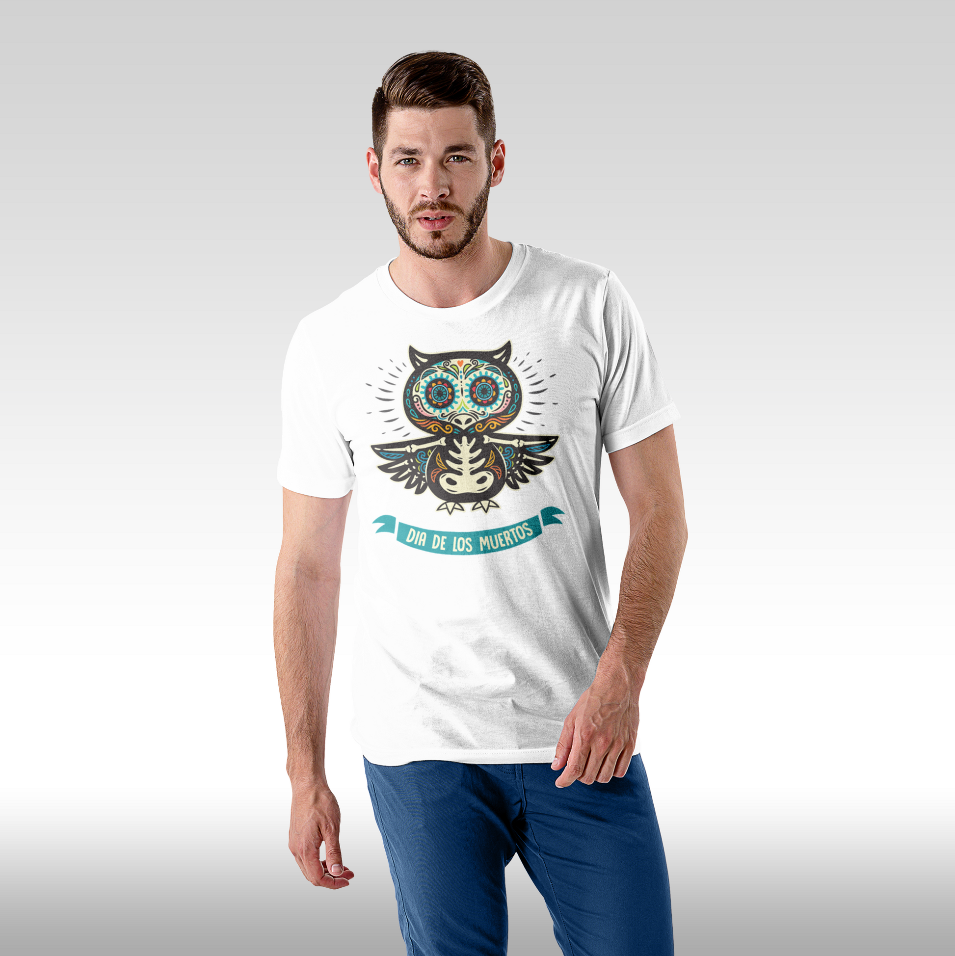 Tricou alb personalizat bumbac Fata Barbat urban "Dia De Los Muertos bufnita" streetwear
