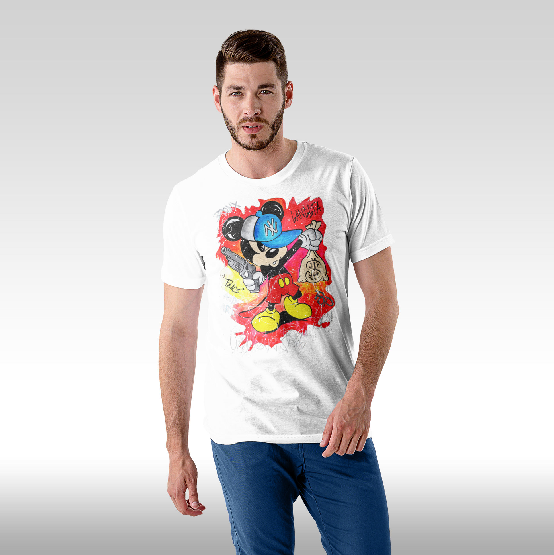 Tricou alb personalizat bumbac Fata Barbat urban "Gangsta Mickey Mouse" streetwear
