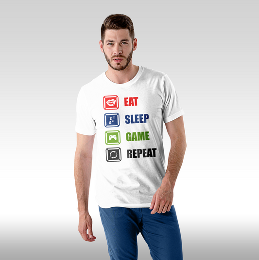Tricou alb personalizat bumbac Fata barbat video "Eat, Sleep, Game, Repeat" streetwear

