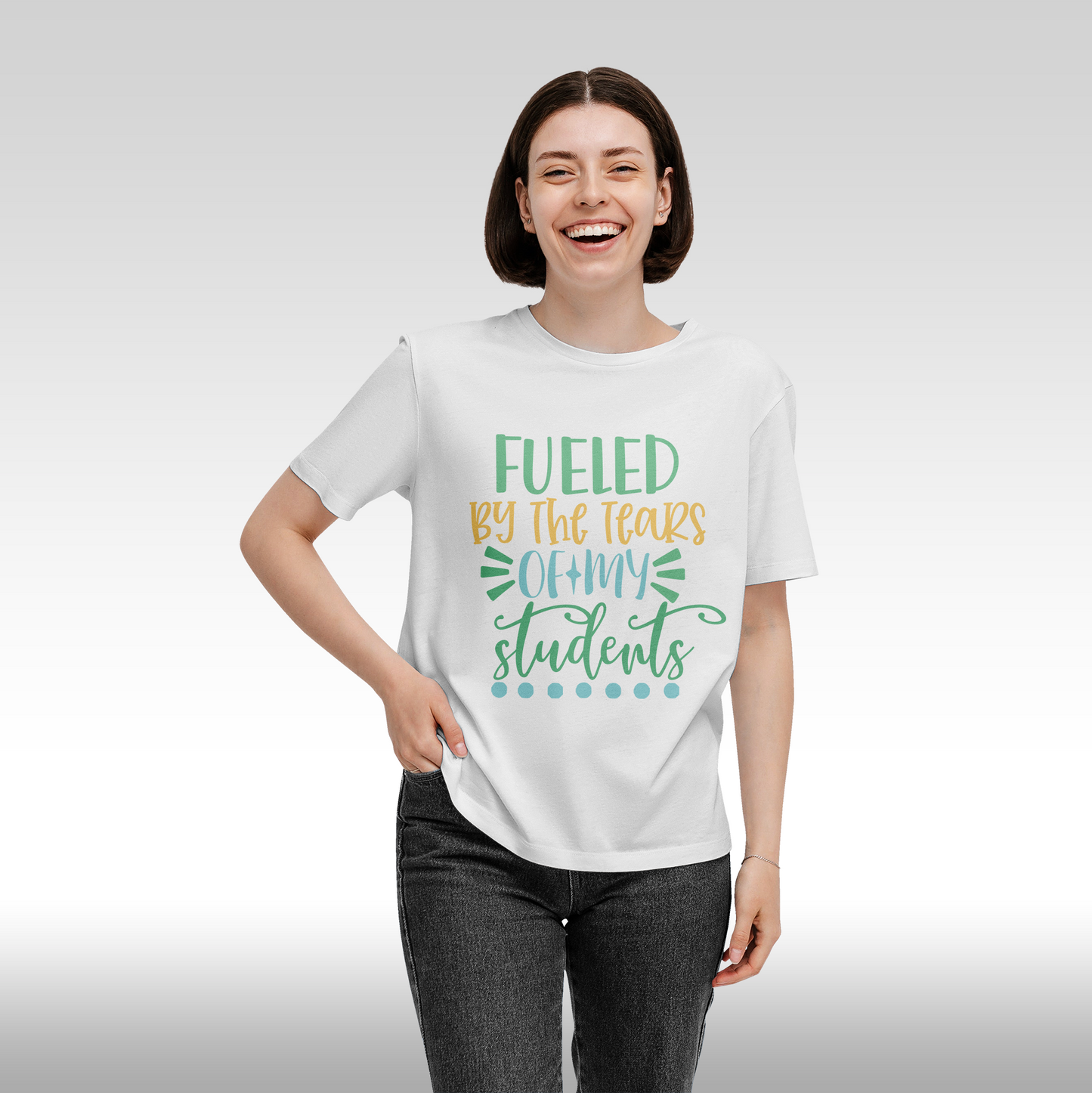 Tricou alb personalizat bumbac Fata dama amuzant "Fueled by the Tears of My Students" streetwear
